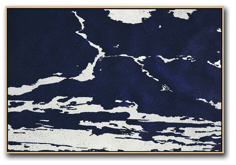Extra Large Canvas Art,Horizontal Navy Painting Abstract Minimalist Art On Canvas,Acrylic Painting Large Wall Art